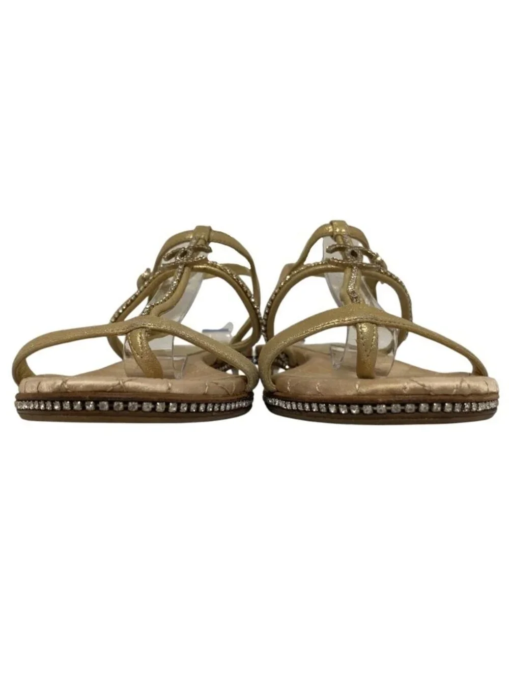 Chanel CC Logo Rhinestone Ankle Strap Flat Sandals 37C Gold